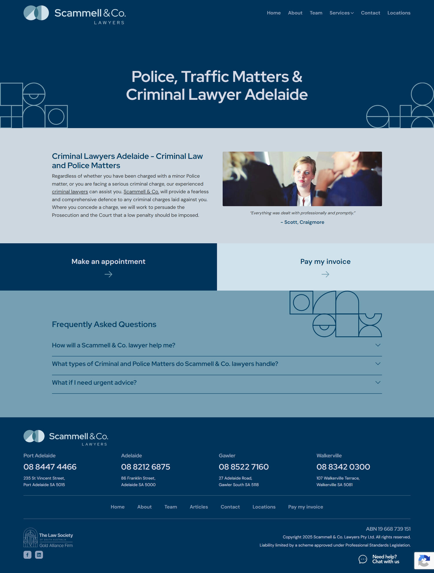 Scammell Criminal Lawyer Adelaide Full Site Scammell full site screenshot for criminal lawyer Adelaide legal services.